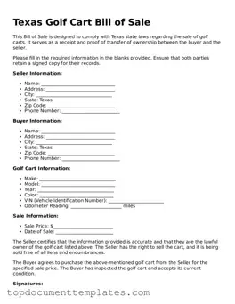 Valid Golf Cart Bill of Sale Form for Texas State