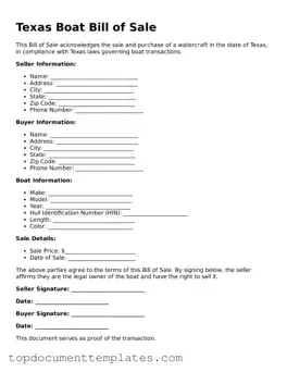 Valid Boat Bill of Sale Form for Texas State