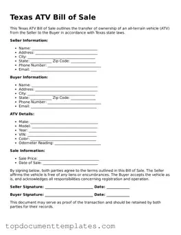 Valid ATV Bill of Sale Form for Texas State