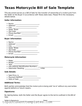 Valid Motorcycle Bill of Sale Form for Texas State