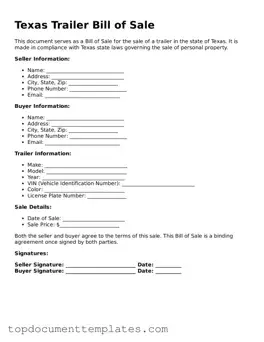 Valid Trailer Bill of Sale Form for Texas State