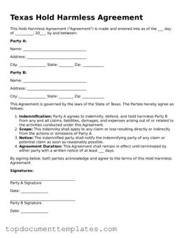 Valid Hold Harmless Agreement Form for Texas State