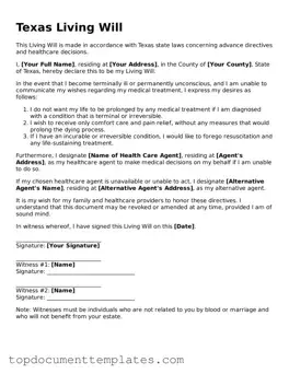 Valid Living Will Form for Texas State
