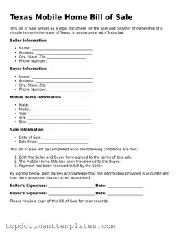 Valid Mobile Home Bill of Sale Form for Texas State