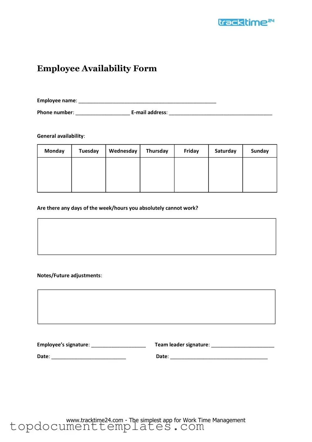 Blank Employee Availability PDF Form