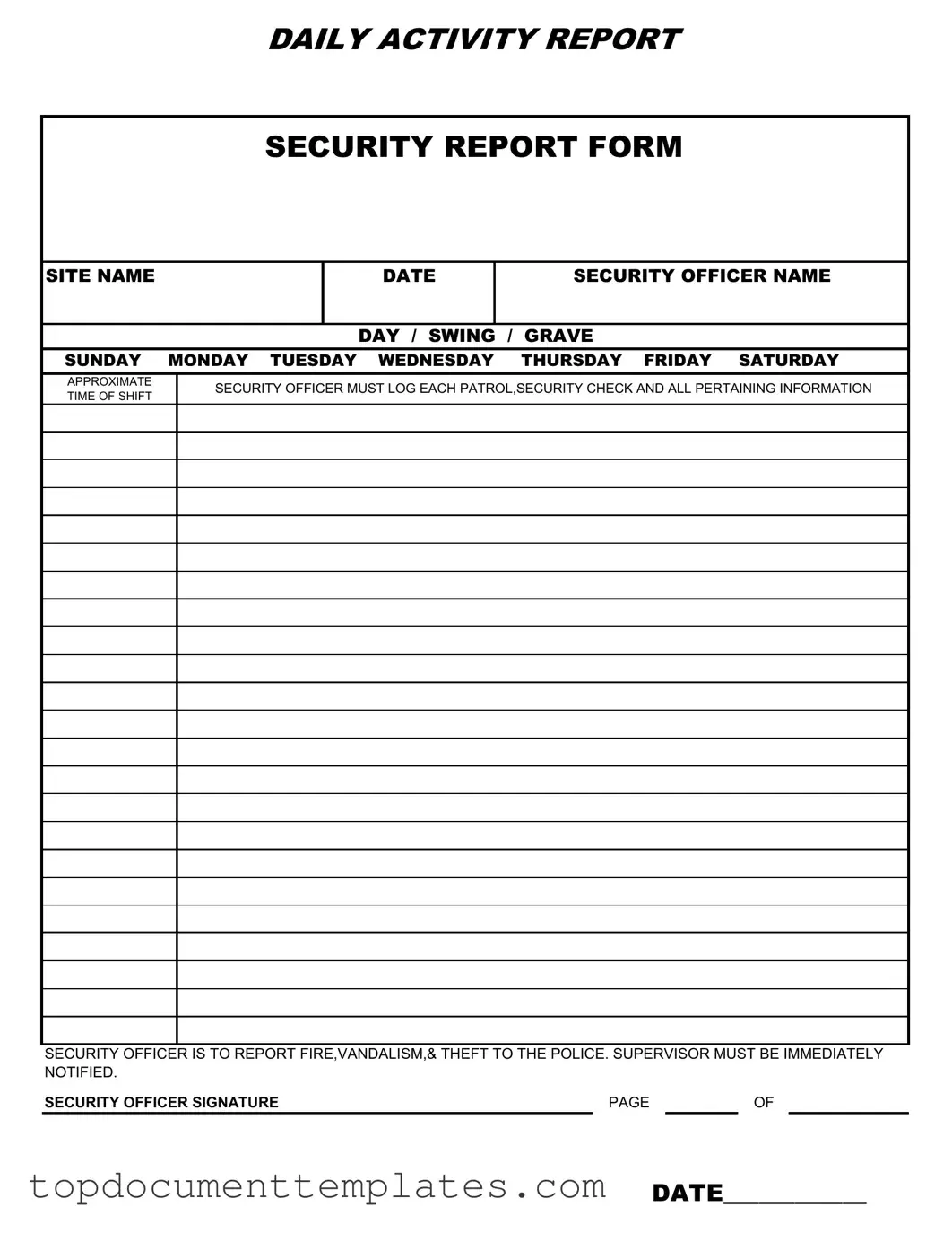 Blank Security Guard Daily Report Sample PDF Form