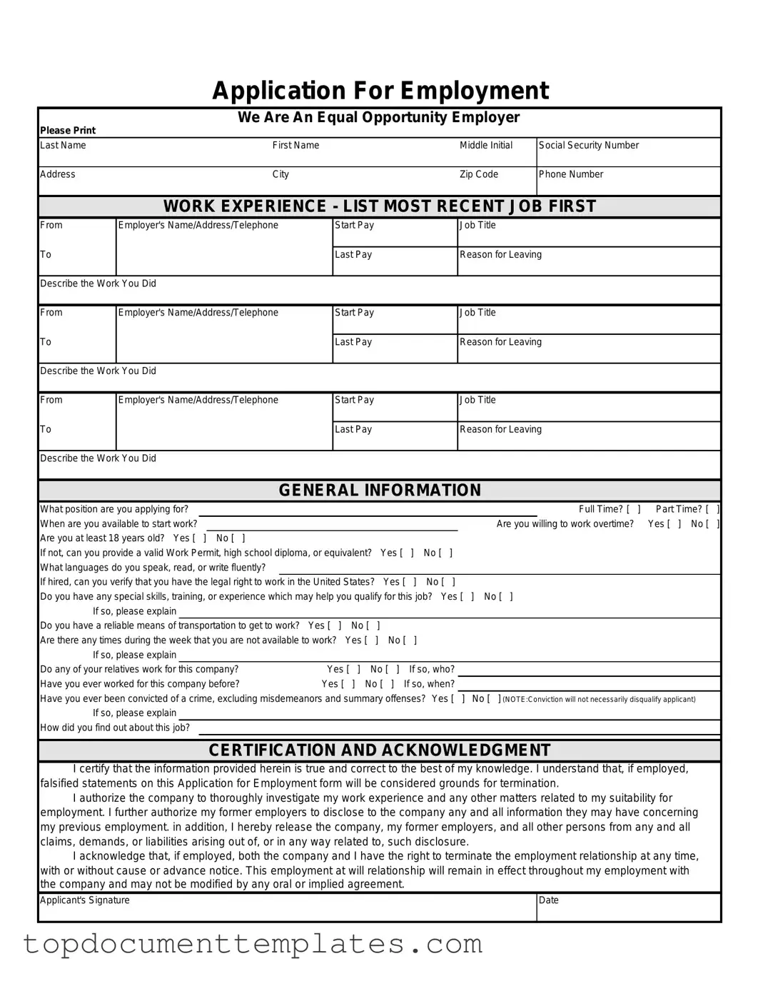 Blank Spanish Application Employment PDF Form