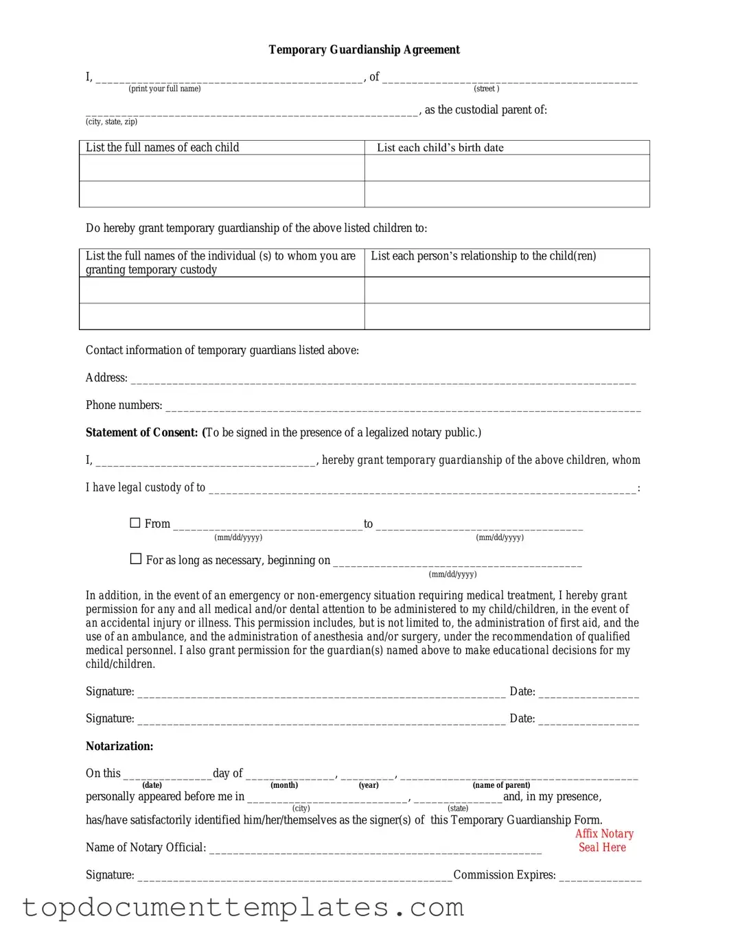 Blank Temporary Custody PDF Form