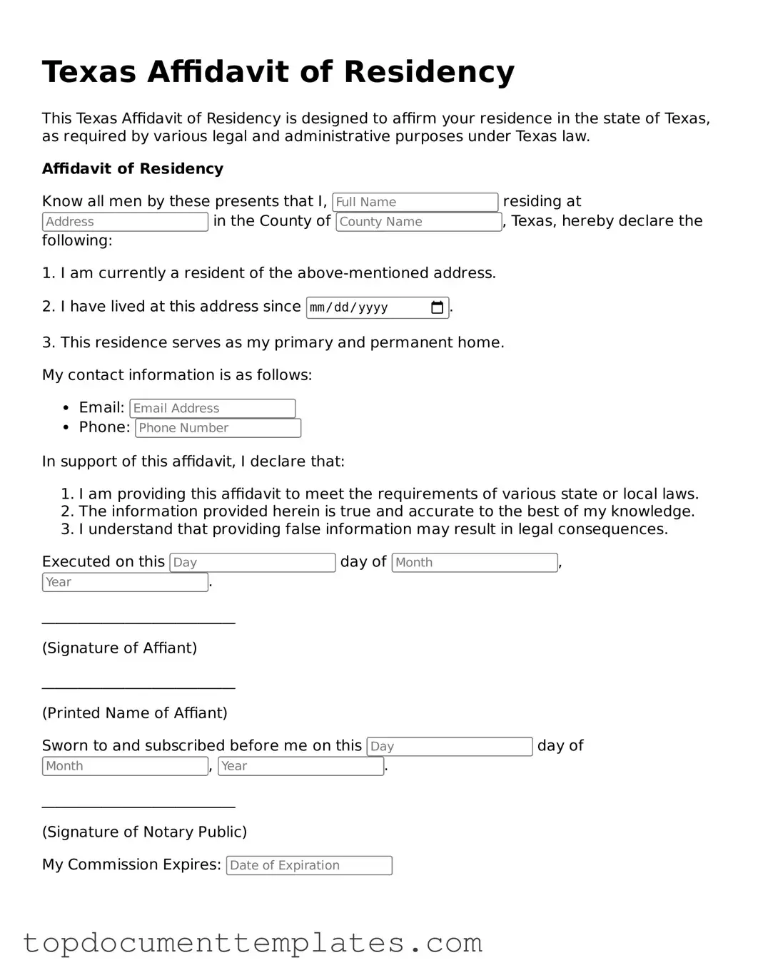 Valid Affidavit of Residency Form for Texas State