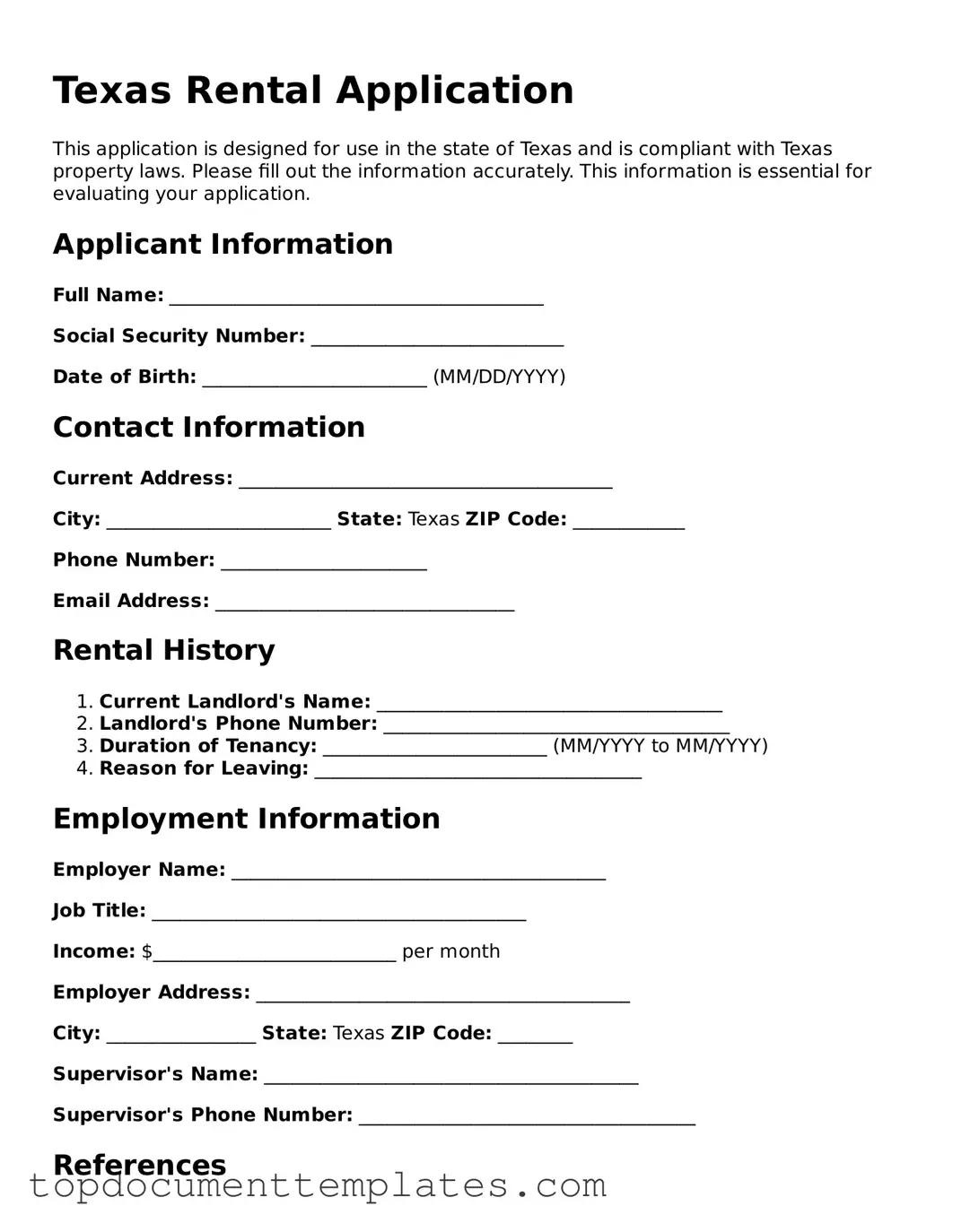 Valid Rental Application Form for Texas State