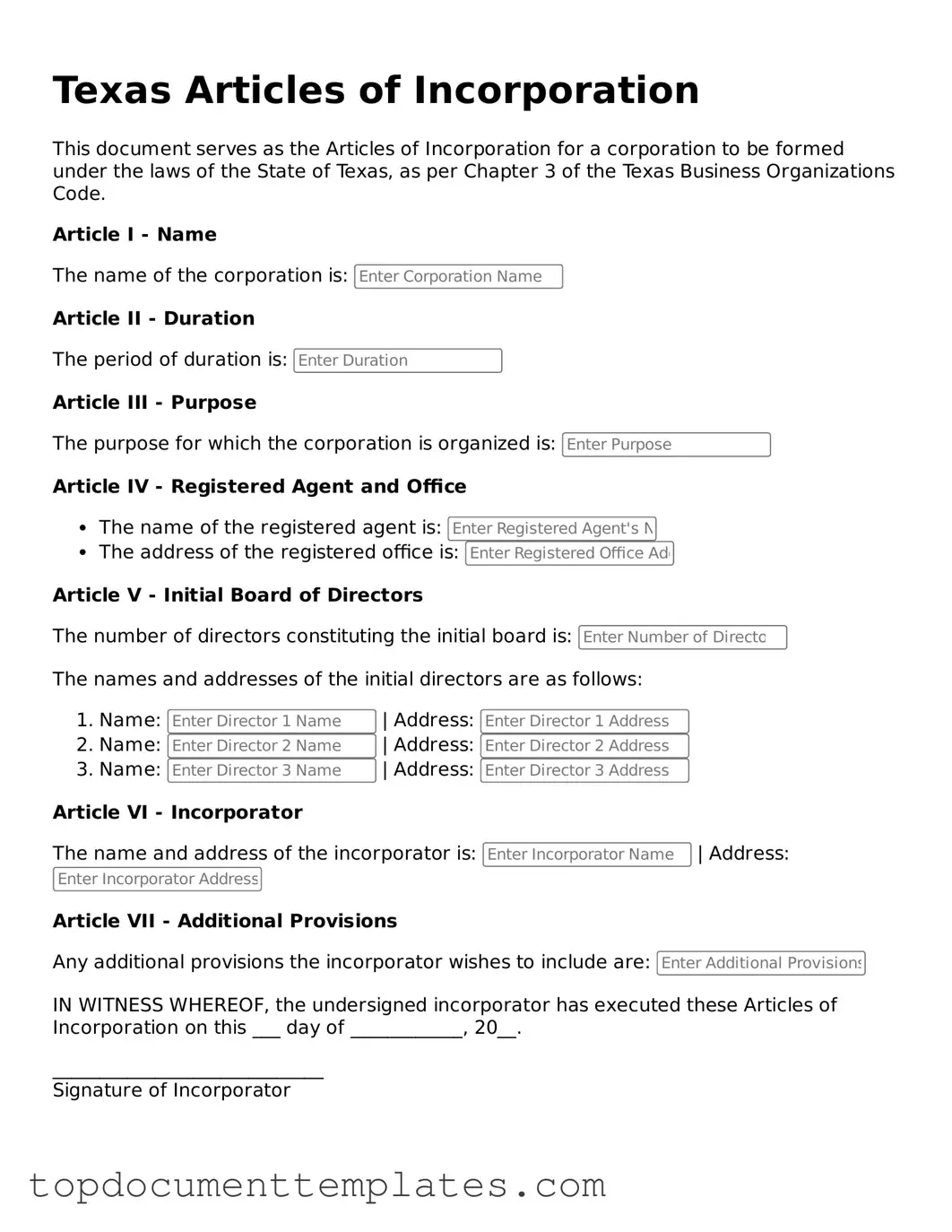 Valid Articles of Incorporation Form for Texas State