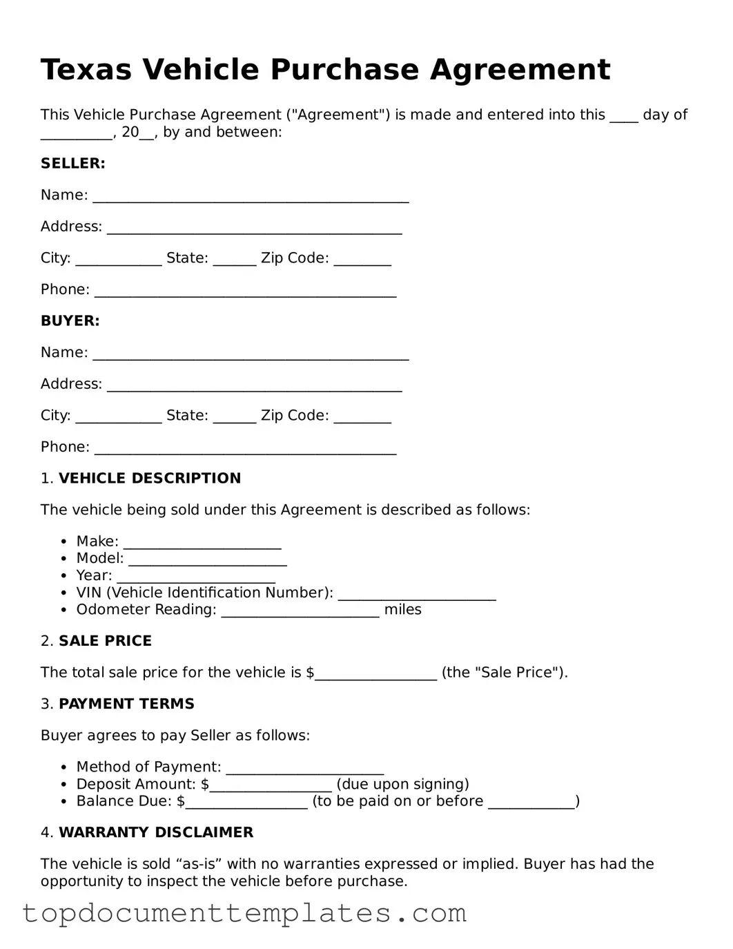 Valid Vehicle Purchase Agreement Form for Texas State