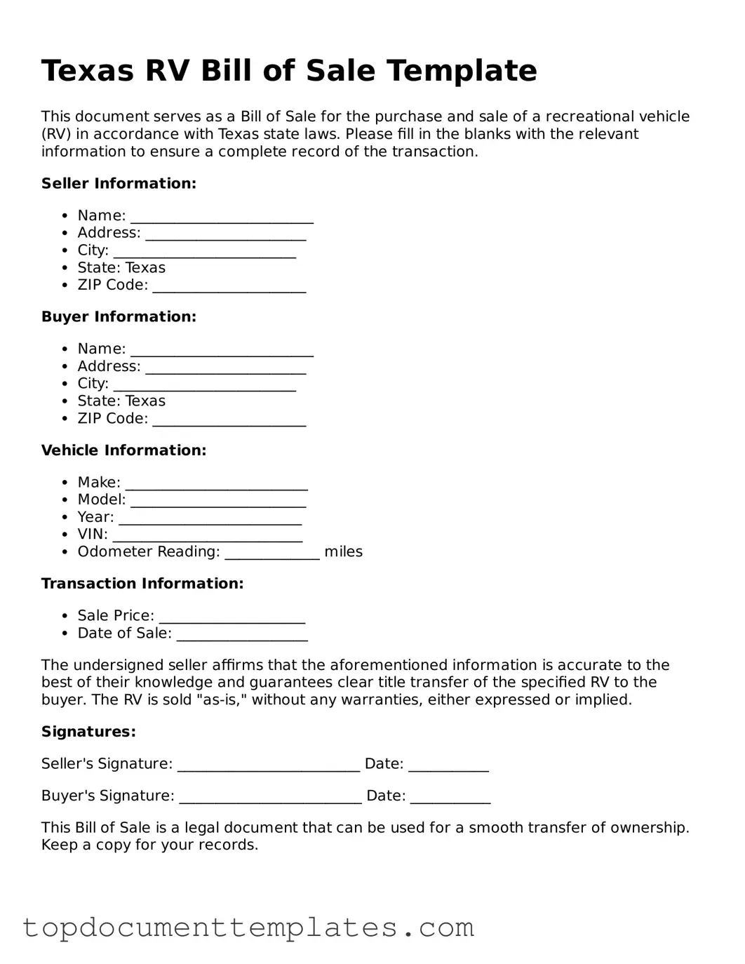 Valid RV Bill of Sale Form for Texas State