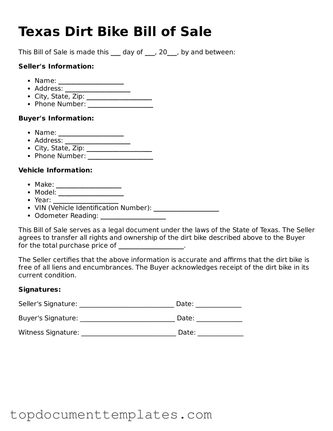 Valid Dirt Bike Bill of Sale Form for Texas State