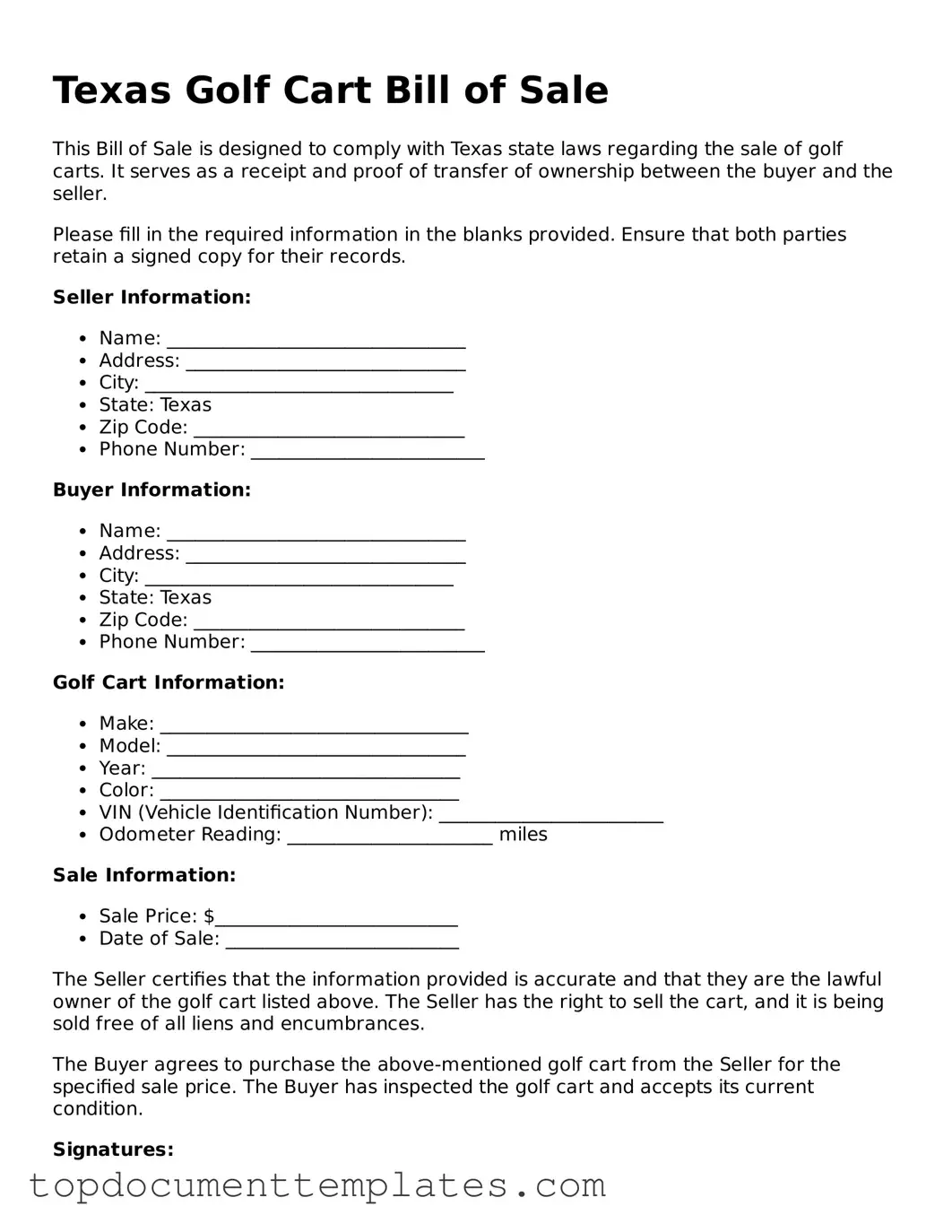 Valid Golf Cart Bill of Sale Form for Texas State