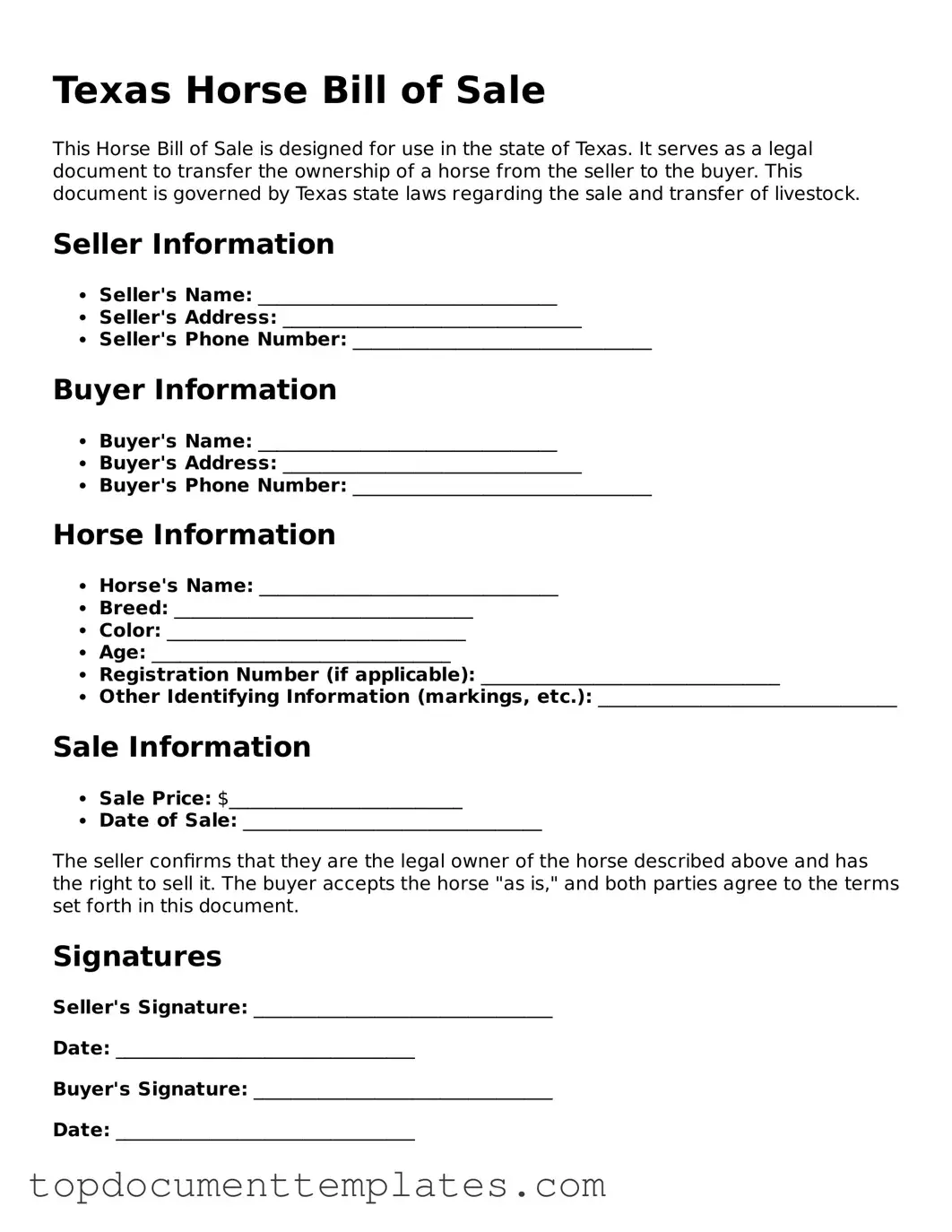 Valid Horse Bill of Sale Form for Texas State