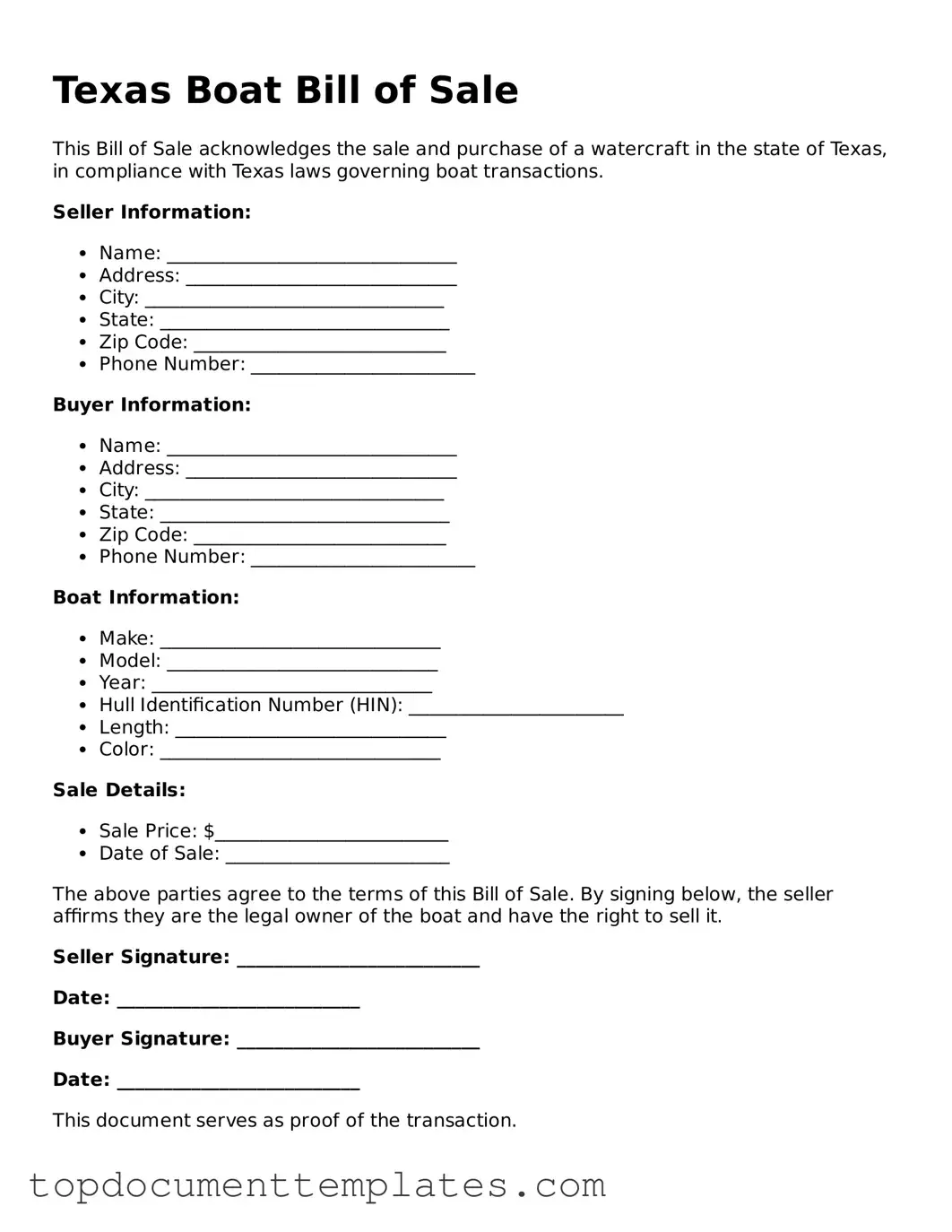 Valid Boat Bill of Sale Form for Texas State