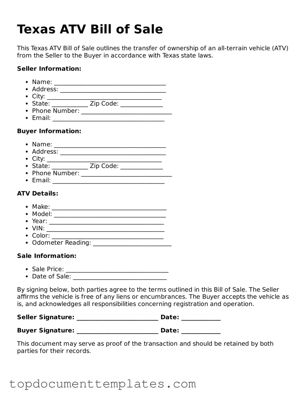 Valid ATV Bill of Sale Form for Texas State