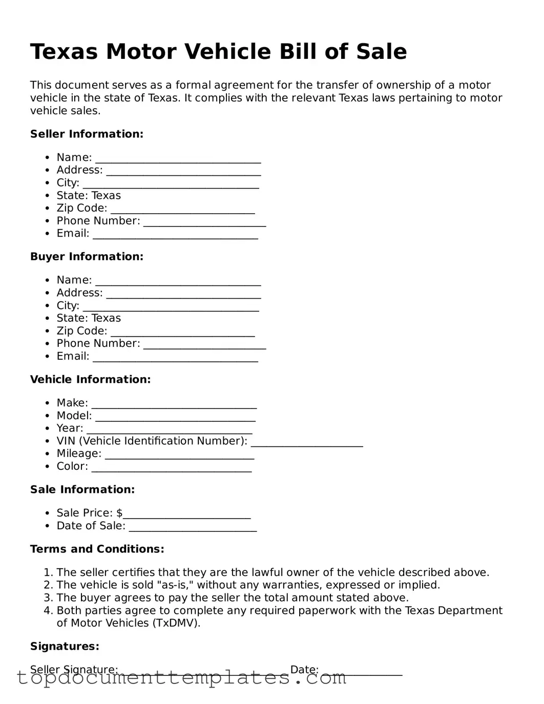 Valid Motor Vehicle Bill of Sale Form for Texas State