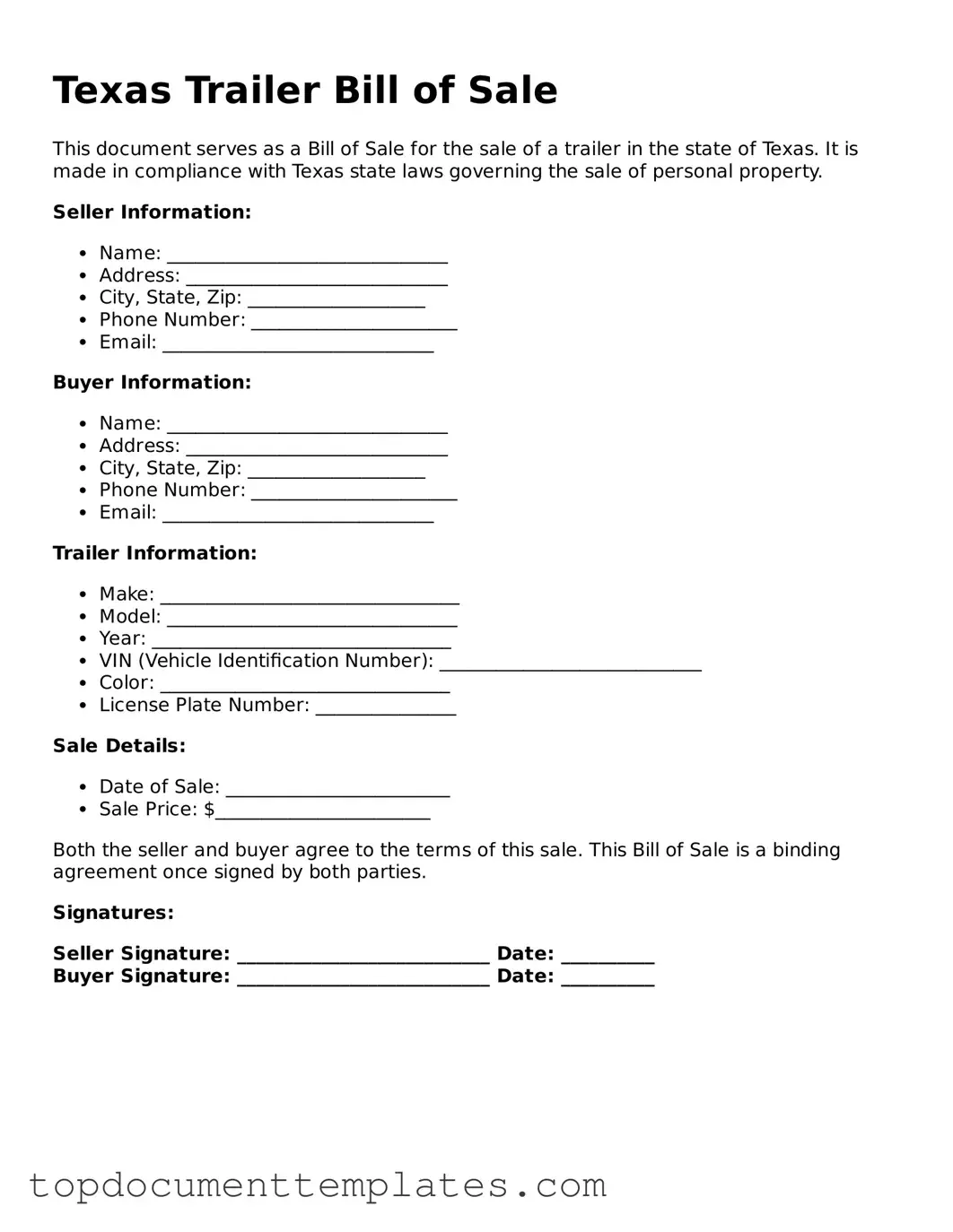 Valid Trailer Bill of Sale Form for Texas State