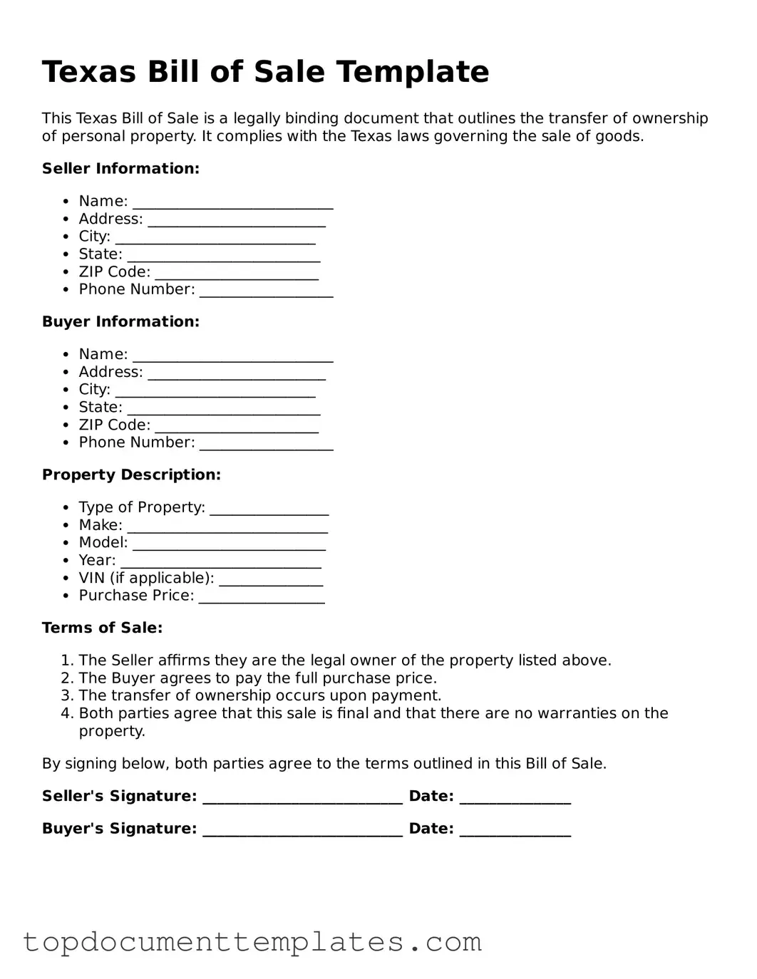 Valid Bill of Sale Form for Texas State