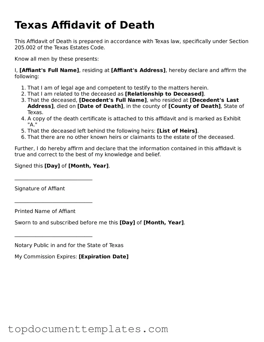 Valid Affidavit of Death Form for Texas State