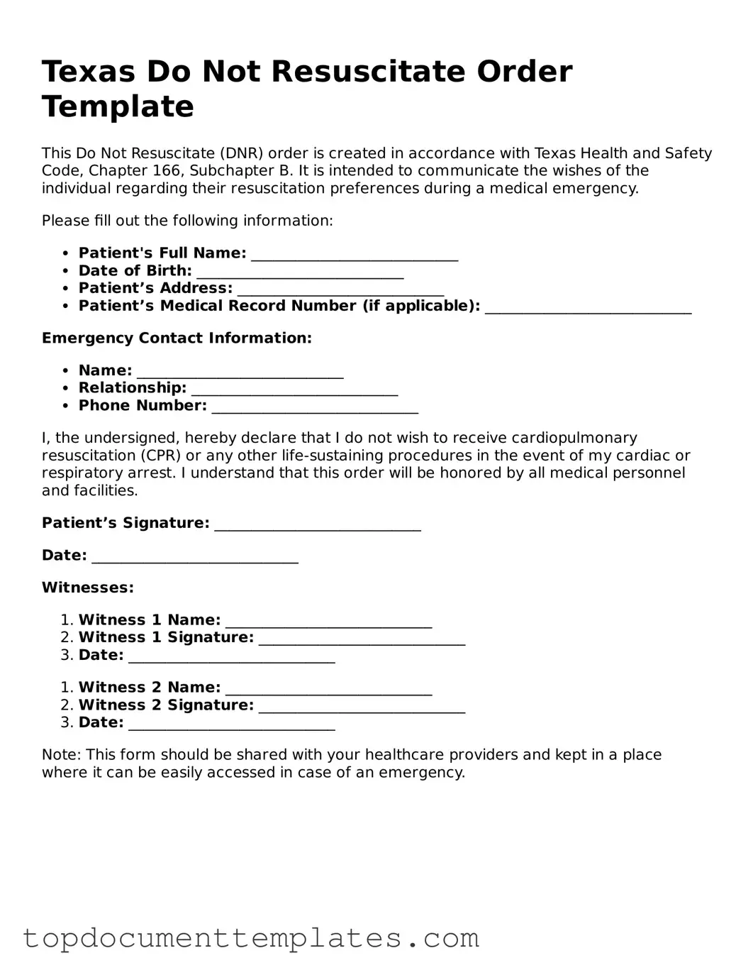 Valid Do Not Resuscitate Order Form for Texas State