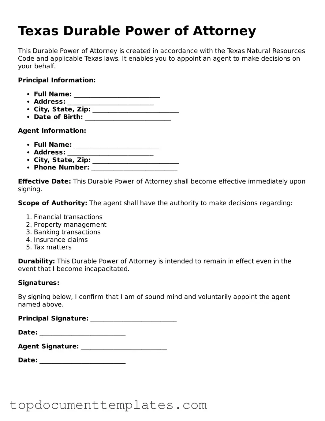 Valid Durable Power of Attorney Form for Texas State
