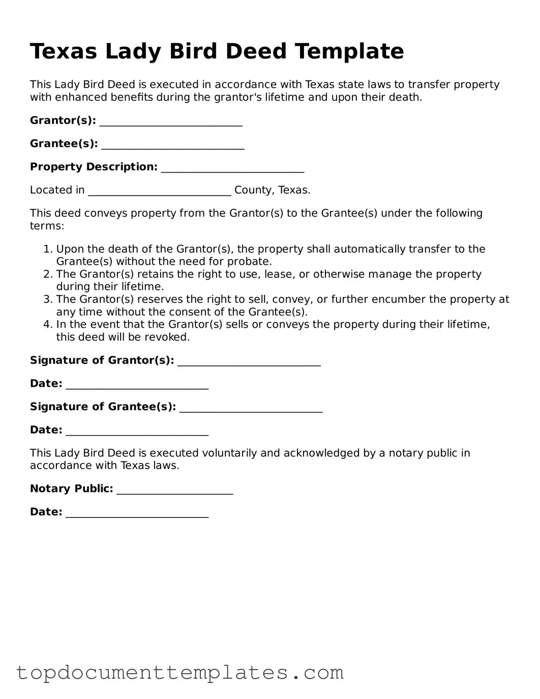 Valid Lady Bird Deed Form for Texas State