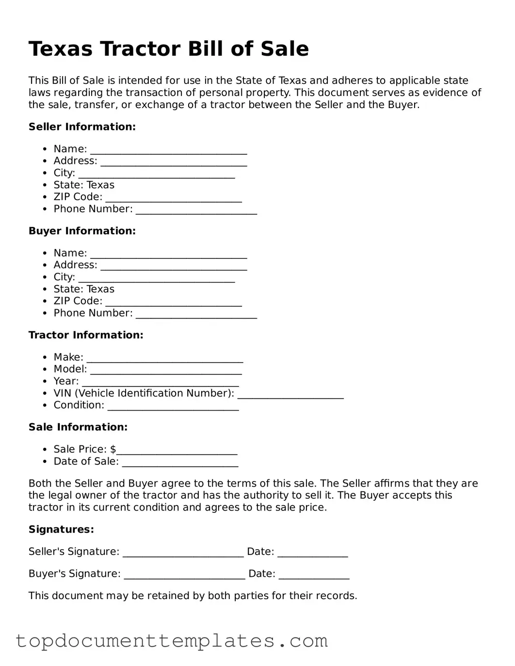 Valid Tractor Bill of Sale Form for Texas State