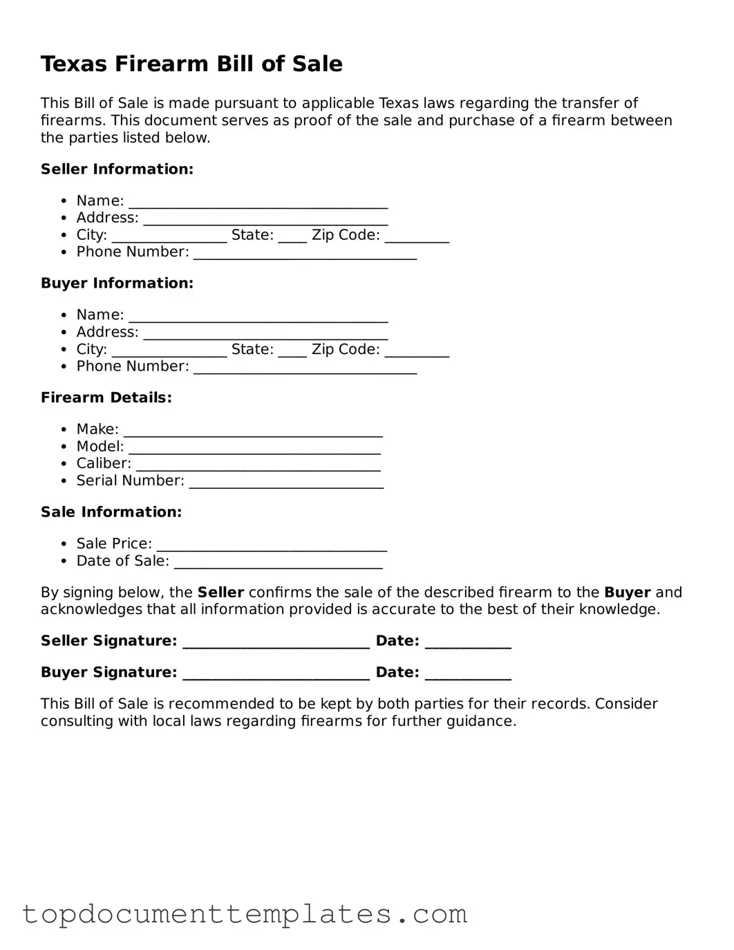 Valid Firearm Bill of Sale Form for Texas State