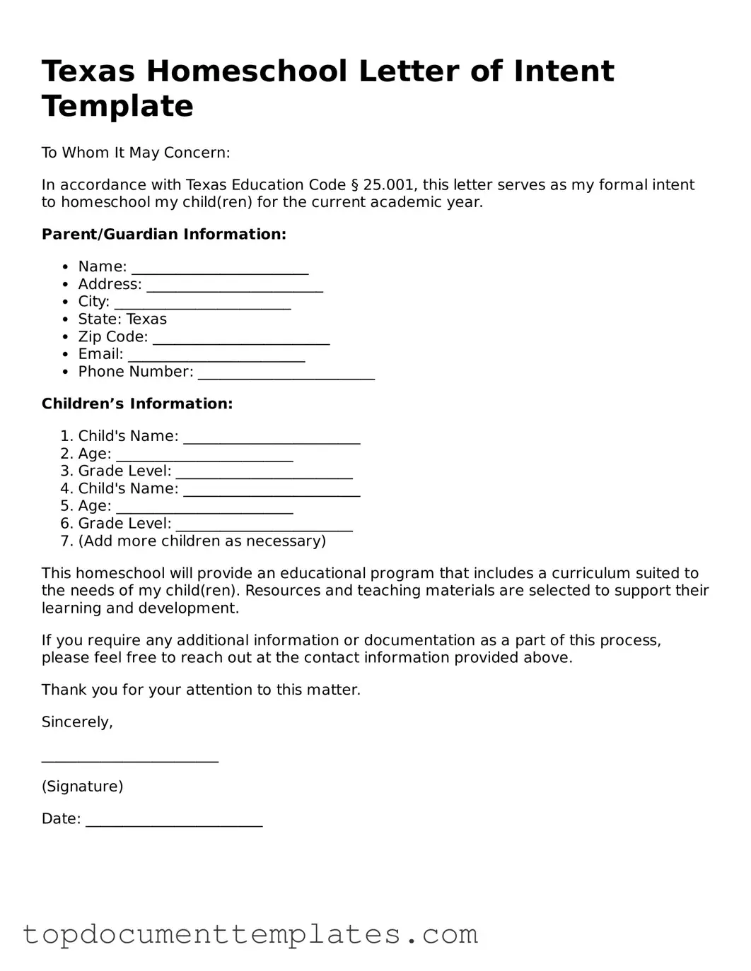 Valid Homeschool Letter of Intent Form for Texas State