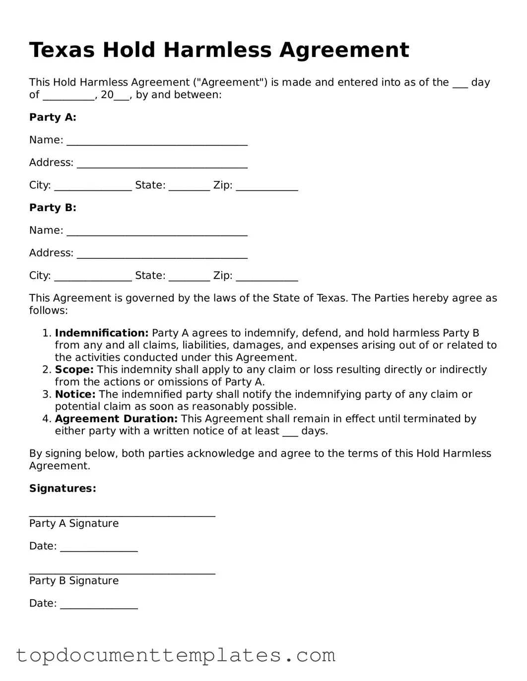 Valid Hold Harmless Agreement Form for Texas State