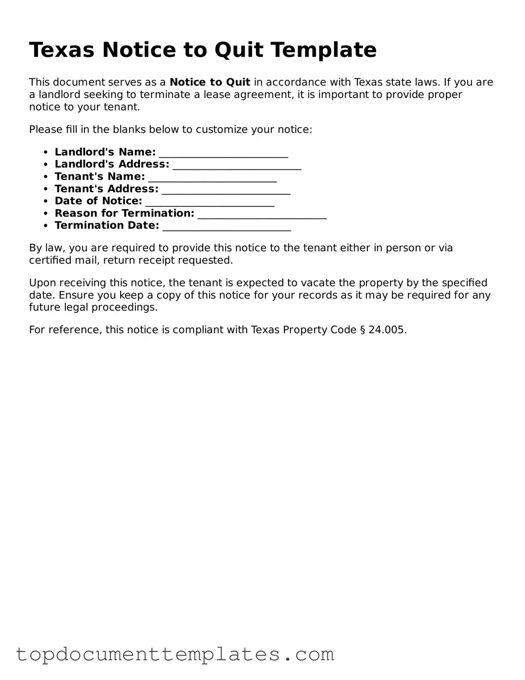 Valid Notice to Quit Form for Texas State