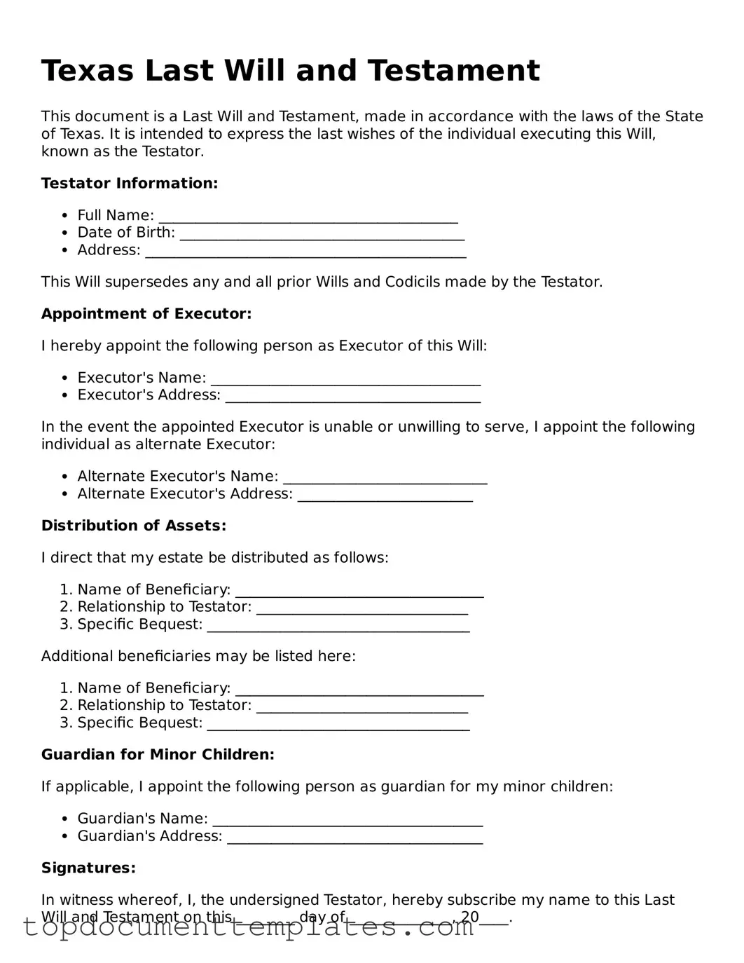 Valid Last Will and Testament Form for Texas State