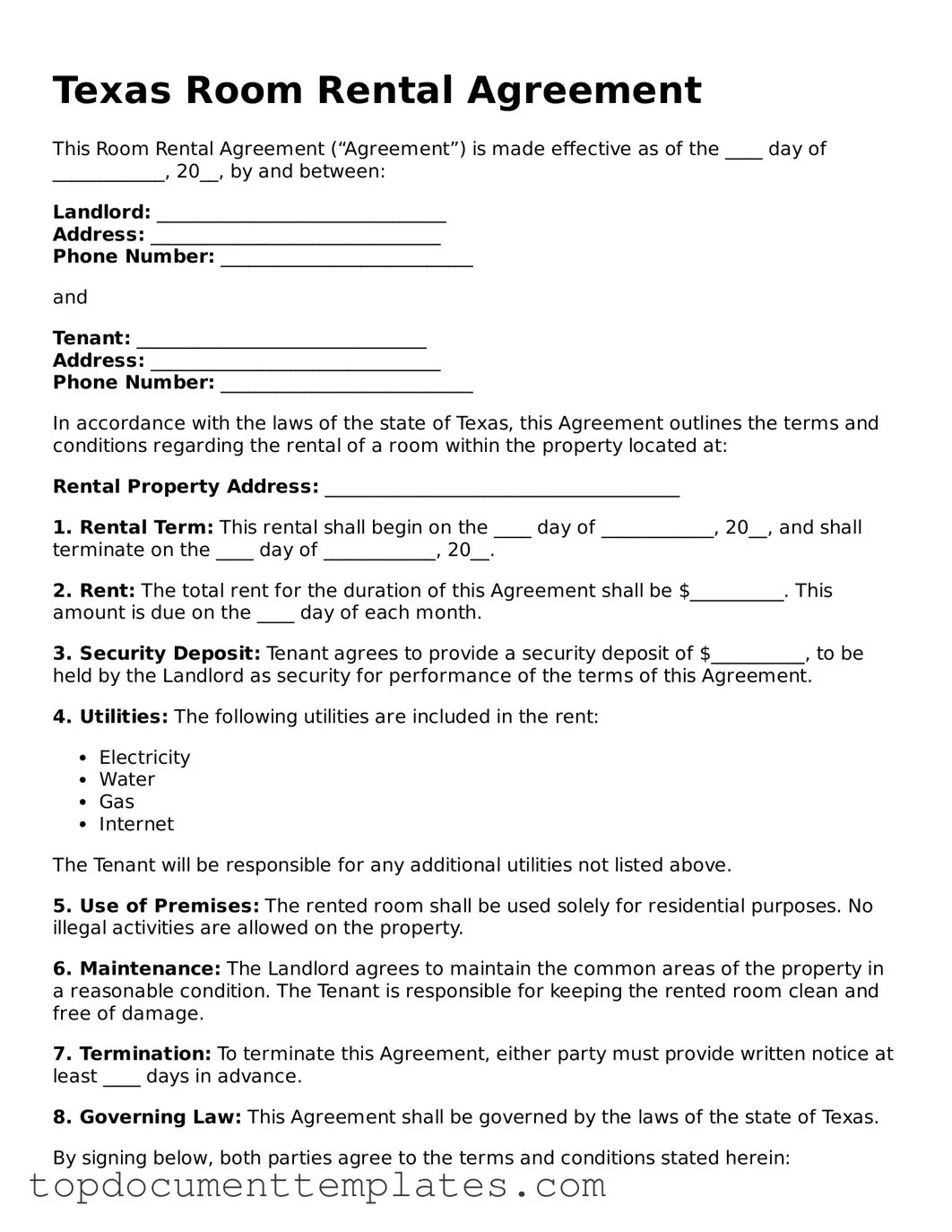 Valid Room Rental Agreement Form for Texas State