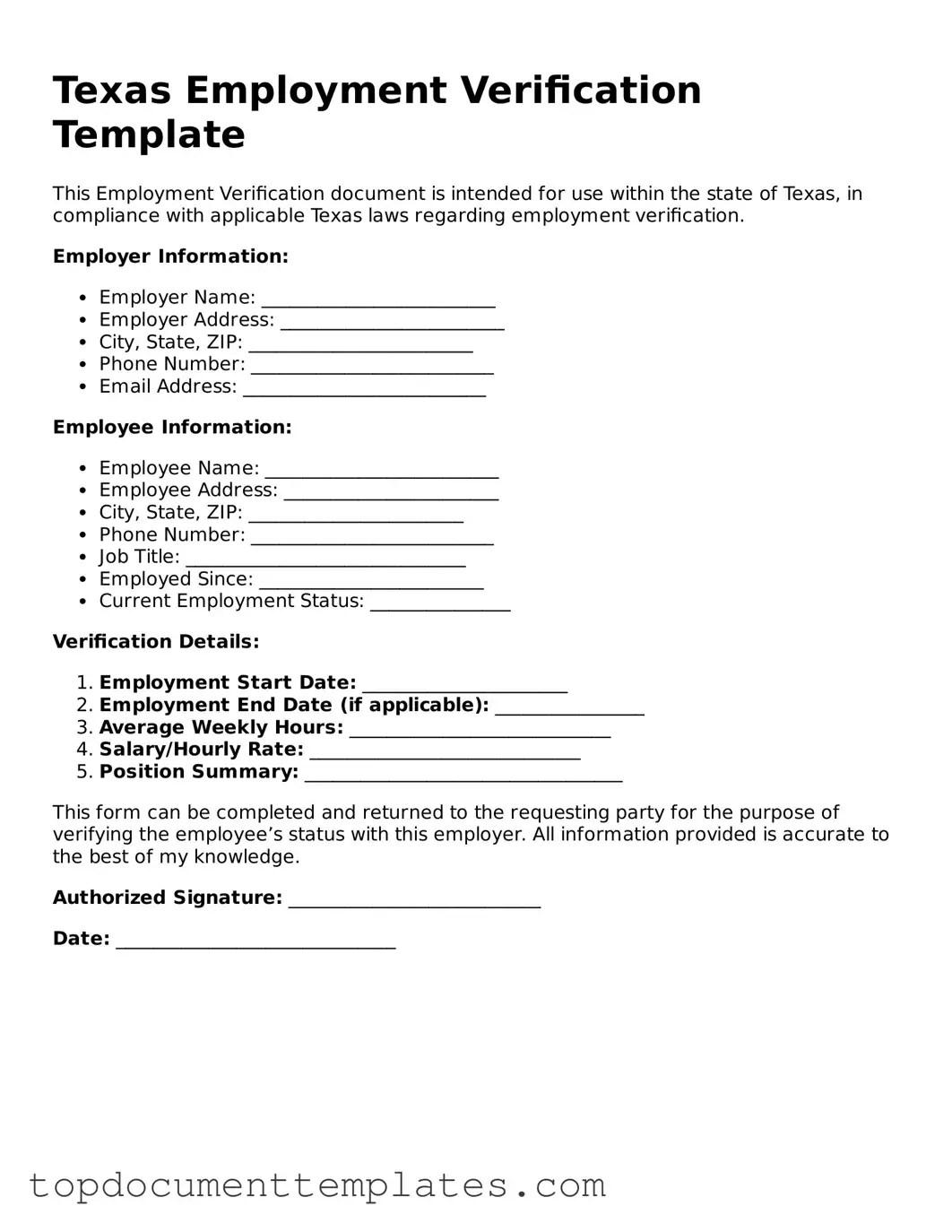 Valid Employment Verification Form for Texas State
