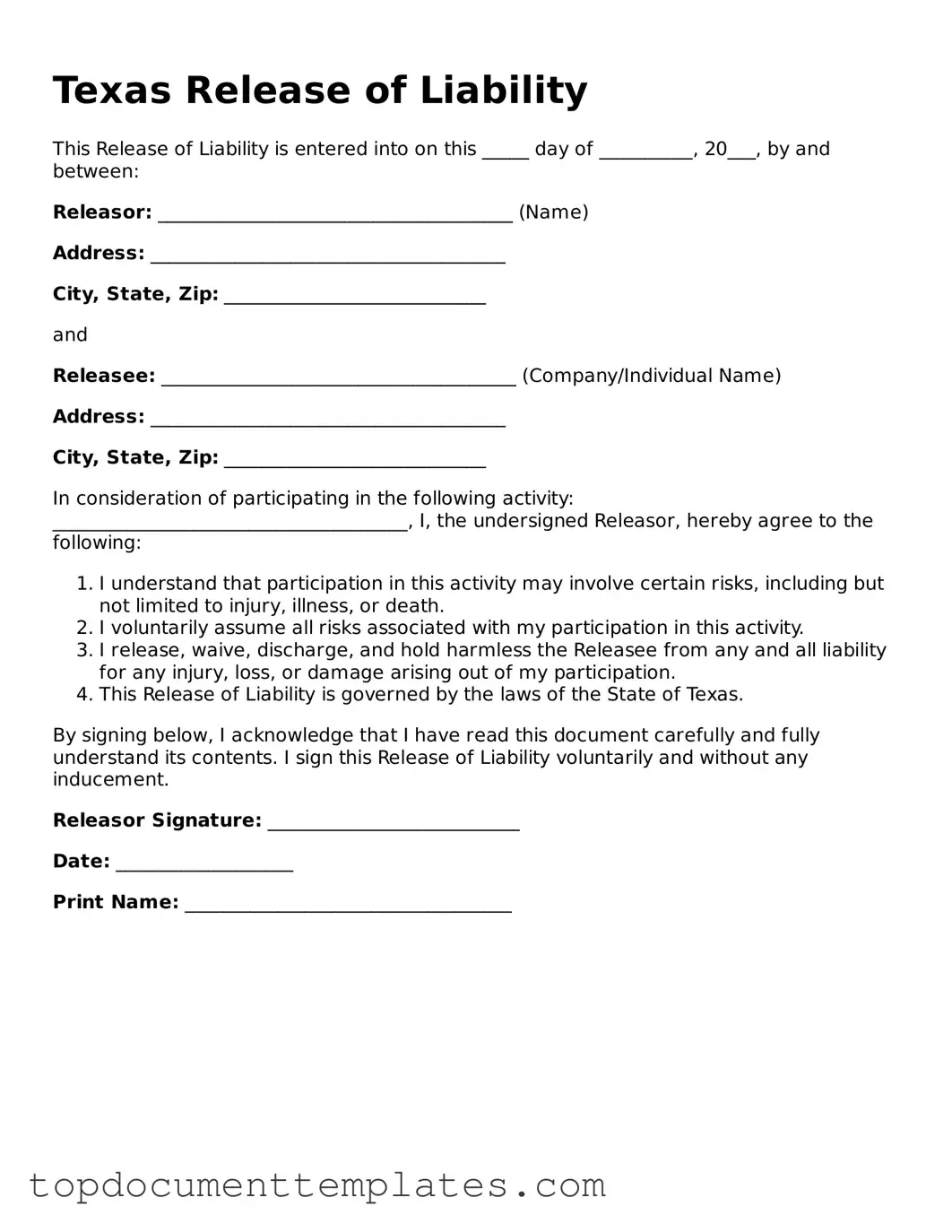 Valid Release of Liability Form for Texas State