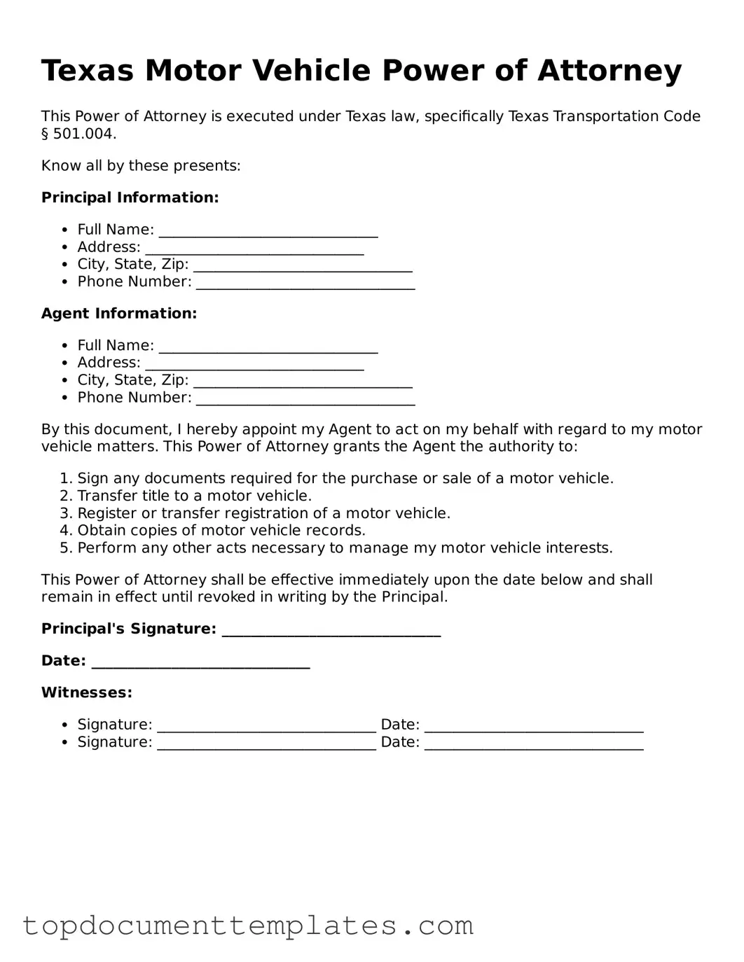 Valid Motor Vehicle Power of Attorney Form for Texas State