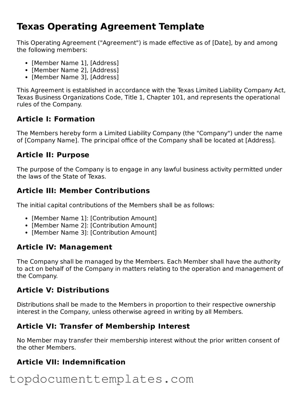 Valid Operating Agreement Form for Texas State