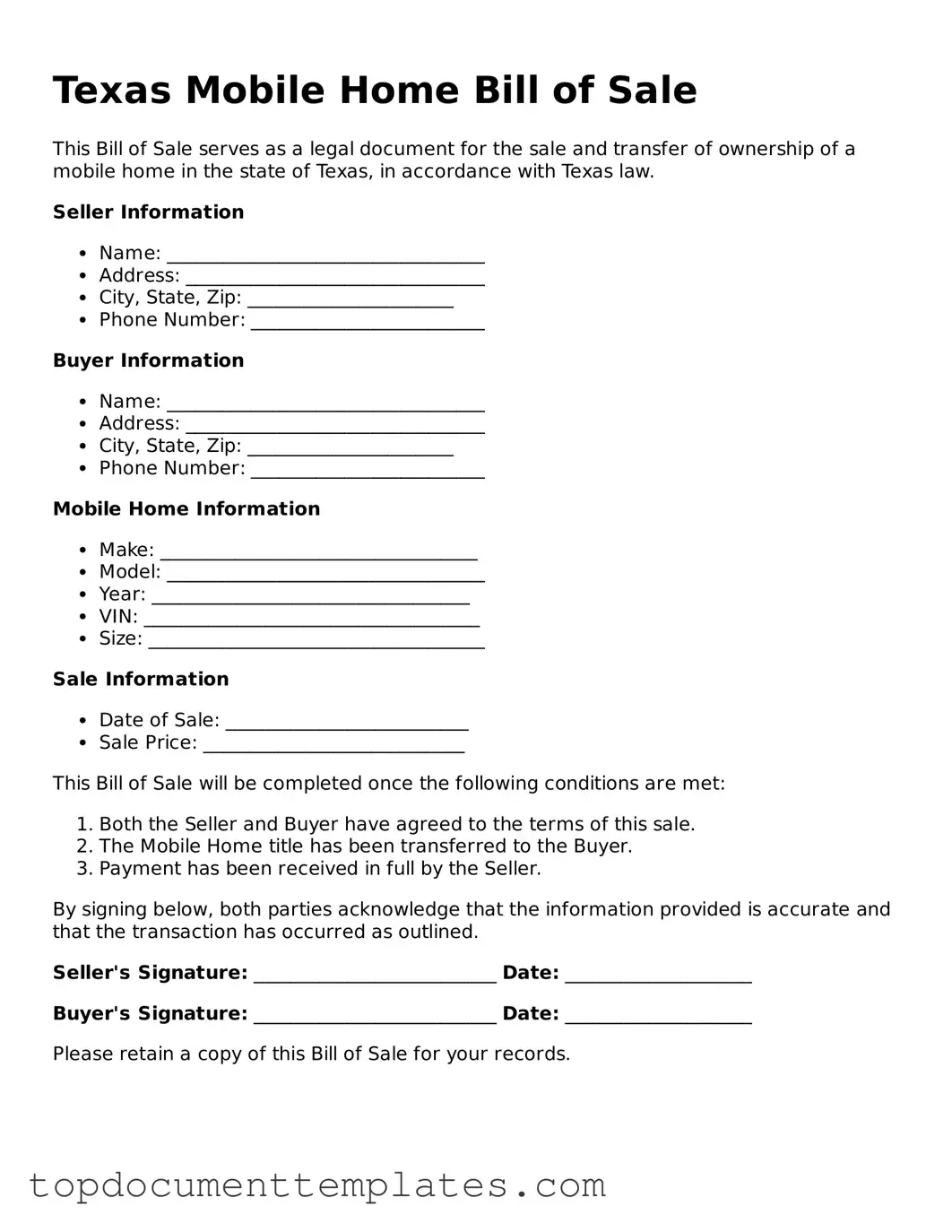 Valid Mobile Home Bill of Sale Form for Texas State
