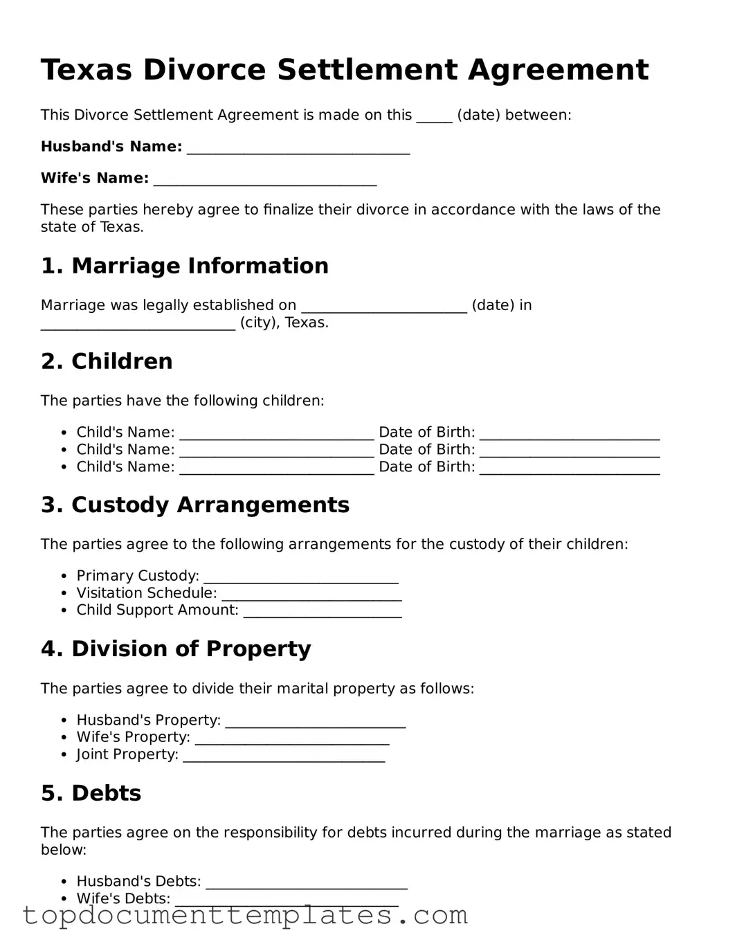 Valid Divorce Settlement Agreement Form for Texas State