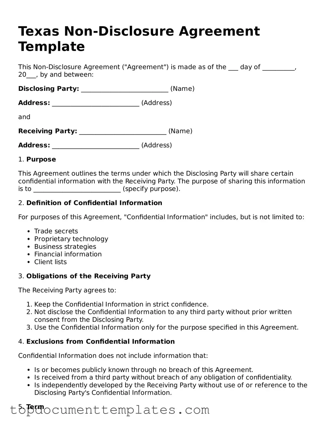 Valid Non-disclosure Agreement Form for Texas State