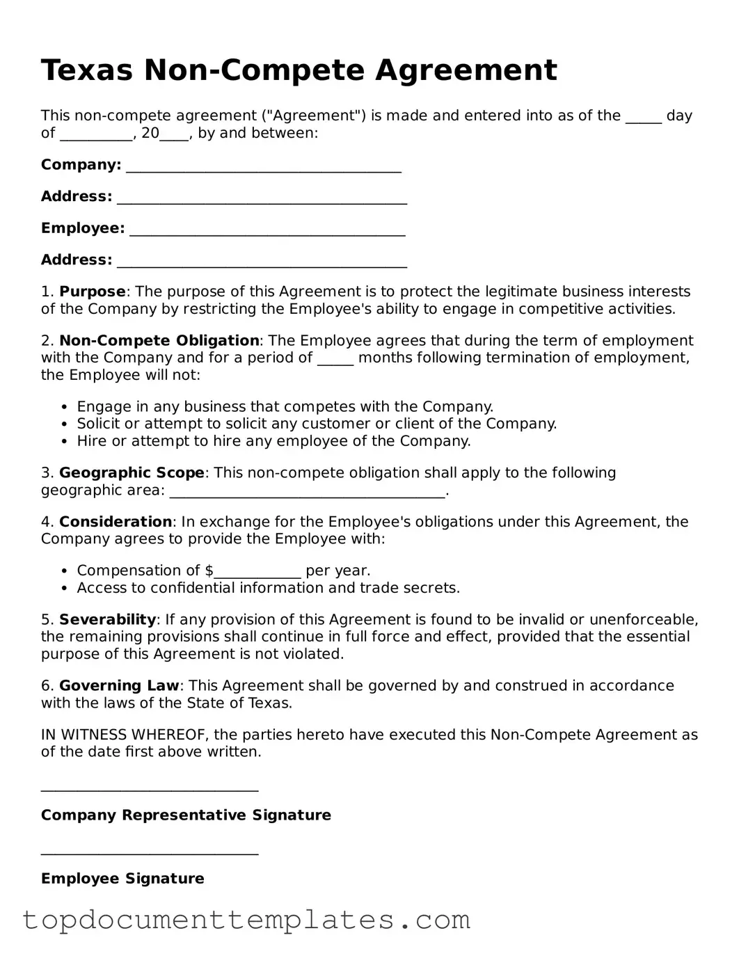 Valid Non-compete Agreement Form for Texas State