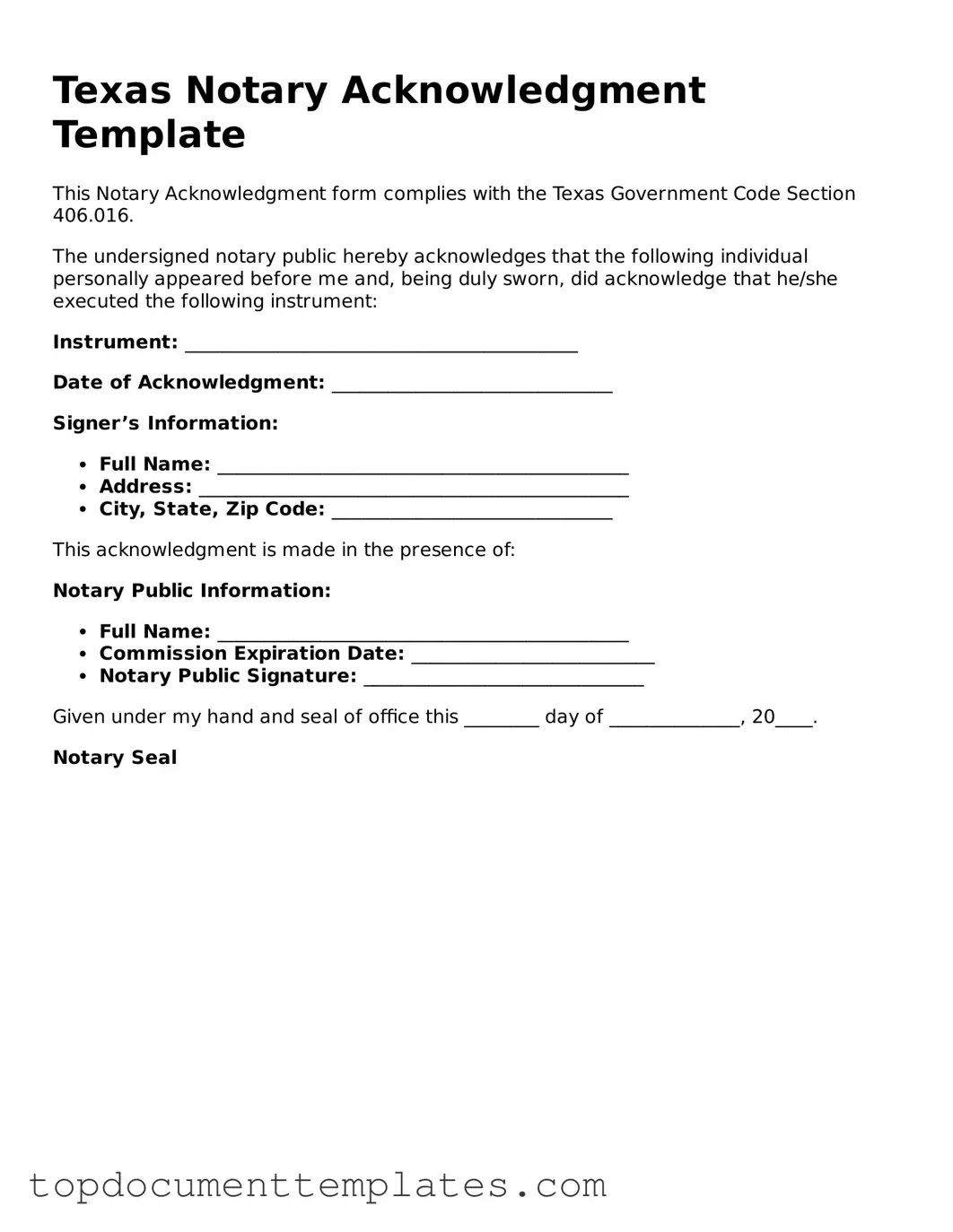 Valid Notary Acknowledgement Form for Texas State