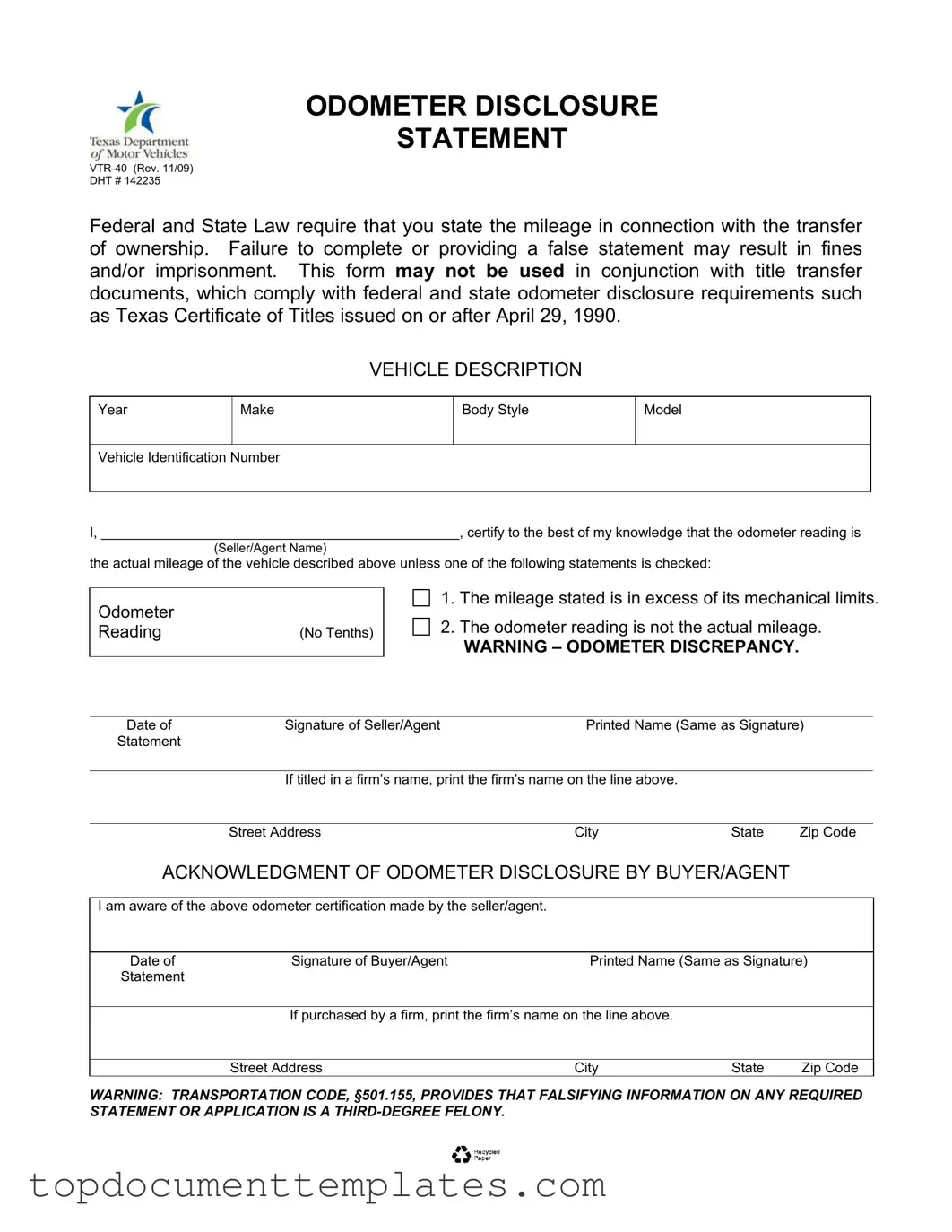 Blank Texas Odometer Statement PDF Form