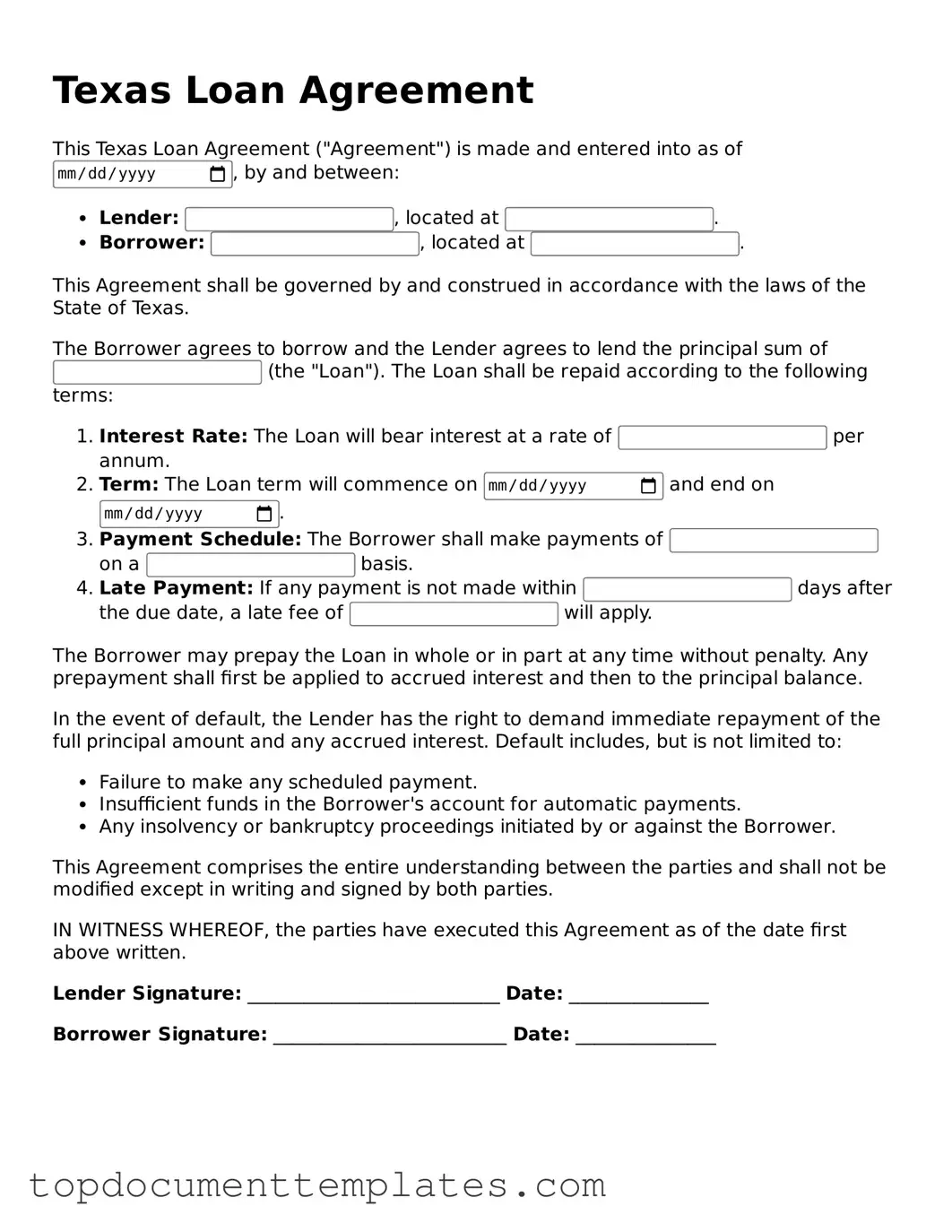 Valid Loan Agreement Form for Texas State