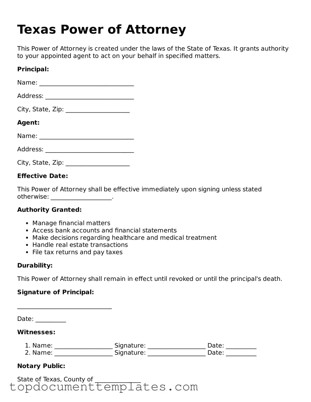 Valid Power of Attorney Form for Texas State