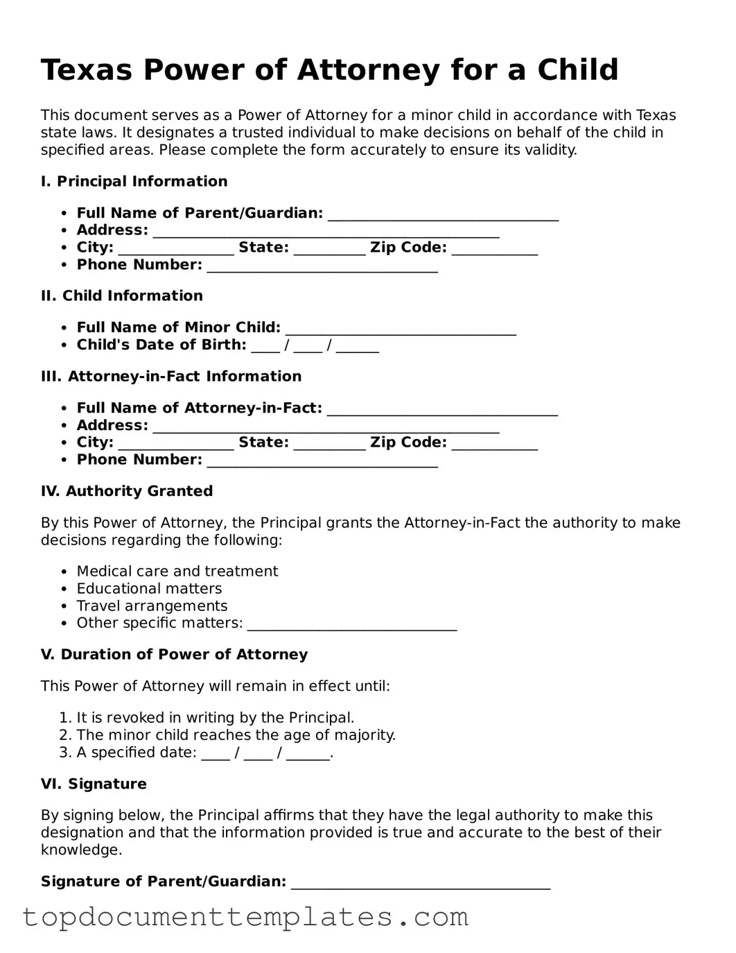 Valid Power of Attorney for a Child Form for Texas State