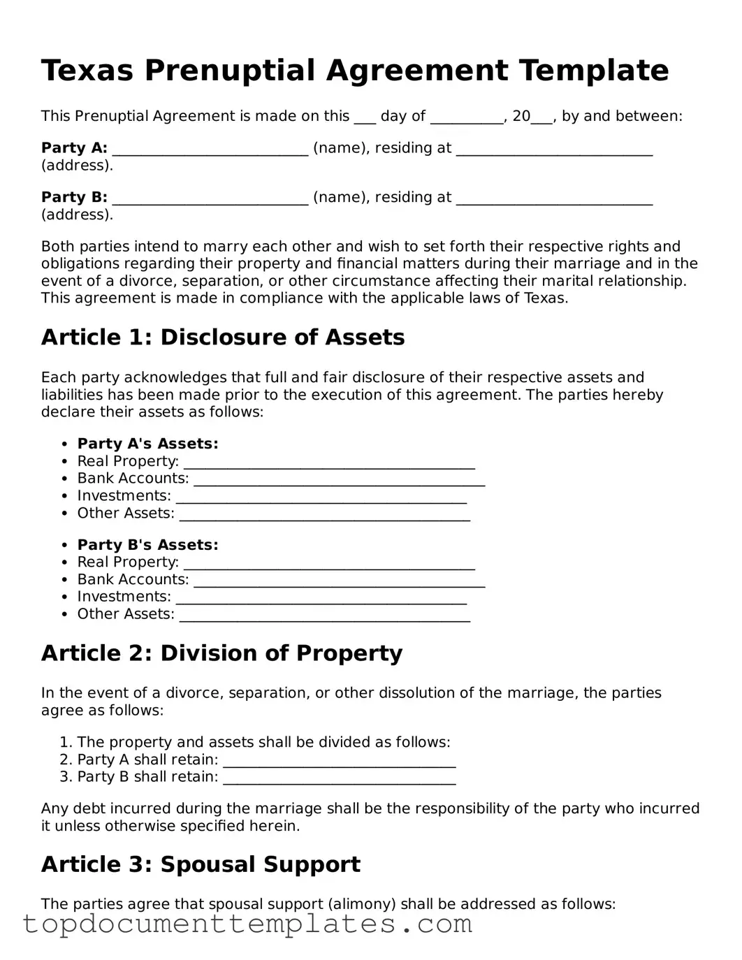 Valid Prenuptial Agreement Form for Texas State
